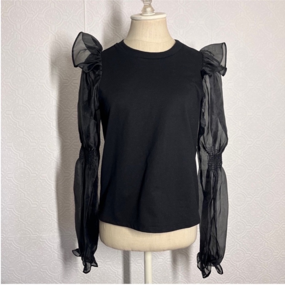 Anthropologie Black Top with Sheer Sleeves